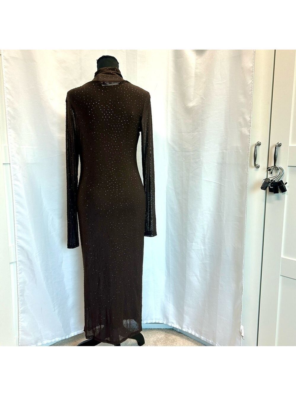 AFRM Los Angeles dark brown Shailene crystal Rhinestone embellished mesh Dress L - Picture 6 of 15